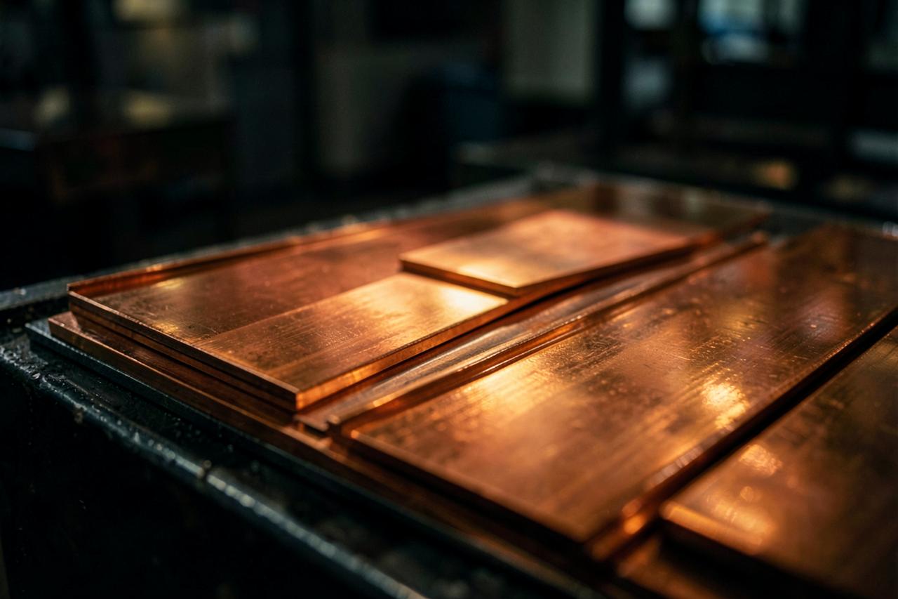 Copper cathode sheets stacked at a processing facility