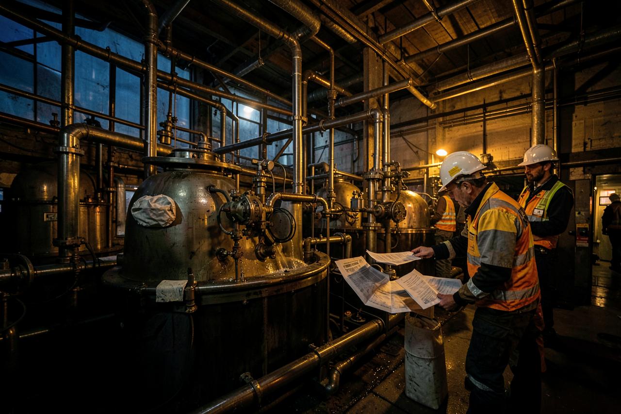 Engineers reviewing plans inside a mineral processing plant